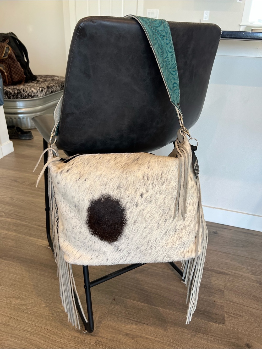 White Cowhide Fringe Crossbody Bag with Teal Strap holy cow couture